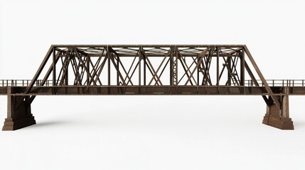 Fototapeta premium A steel bridge with a weathered, rustic look, its intricate industrial design emphasized in fine detail against a plain white background. 