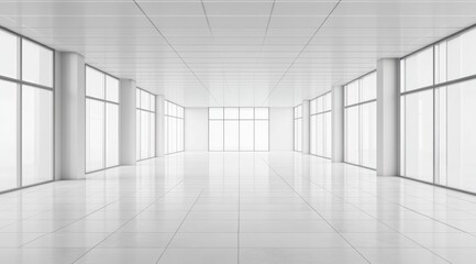 Sunlit, spacious white room with large windows and polished floor