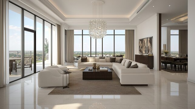 Elegant penthouse living room design urban setting high-quality gigapixel bright environment wide angle view