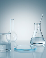 Cosmetic scientific skincare background materials, podium display with glass flask, Laboratory 3d rendering Background.