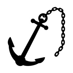 Simple black silhouette of an anchor and chain on a white background