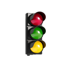 Three-color traffic light illuminated with red green and yellow signals representing stop go and caution isolated against white