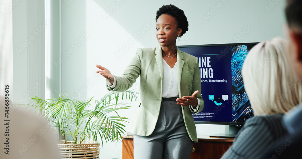 Poster woman, speech and meeting for workshop with office, presentation and employee engagement. data analy