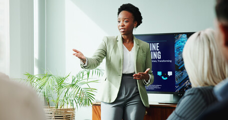 Woman, speech and meeting for workshop with office, presentation and employee engagement. Data...