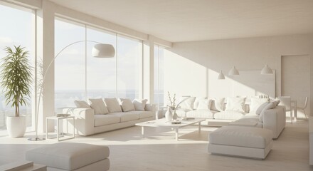 Fototapeta premium Modern White Living Room with City View - Bright, minimalist living room with white furniture, large windows offering a panoramic city view, and natural sunlight streaming in