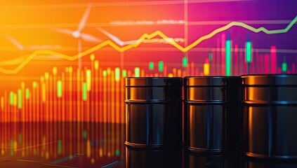Black oil barrels in front of vibrant financial charts.  Charts show trends and volatility