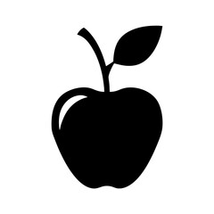 Black silhouette of an apple with a leaf on a white background