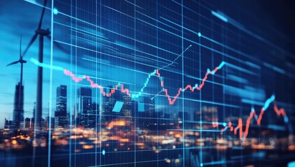 Financial data overlaid on a cityscape background with wind turbines. Graph shows fluctuating trends. Night view