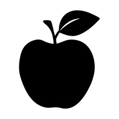 A minimalistic black and white icon of an apple with a leaf
