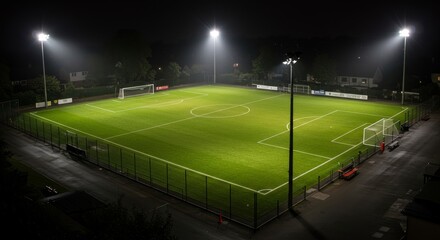 Night Football Field Illumination - Well-lit soccer field at night, ready for a game. Perfect for sports, recreation, and athletic themes