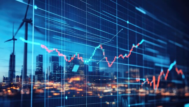 Financial data overlaid on a cityscape background with wind turbines. Graph shows fluctuating trends. Night view