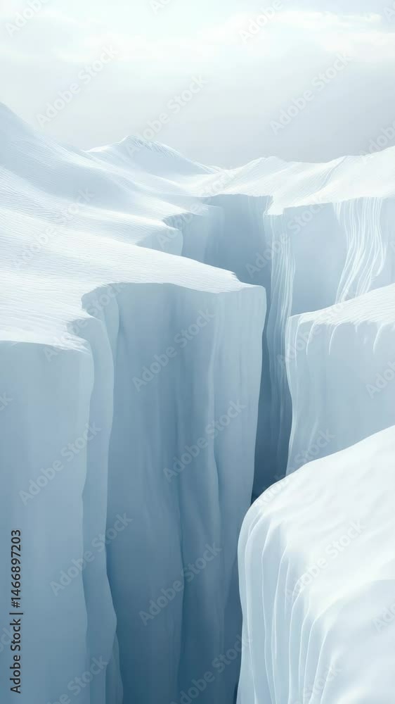 Poster sunlight illuminates a deep crevasse cutting through a pristine snowy mountain landscape, creating a