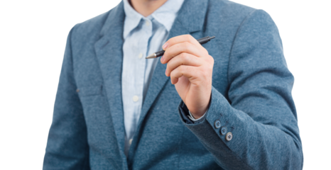 Business man holding a pen drawing isolated on transparent background. Architect planning, success concept
