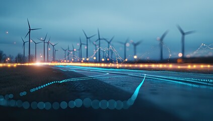 A wind farm at dusk, overlaid with abstract digital data streams representing energy flow.  A road runs through the field