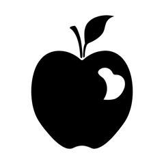 Black bitten apple silhouette with stem and leaf against white background