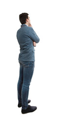 Rear view full length portrait of a young businessman thoughtful looking. Concept of business...