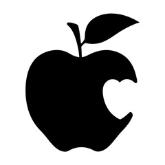 Stylized black apple silhouette with a prominent bite mark and leaf