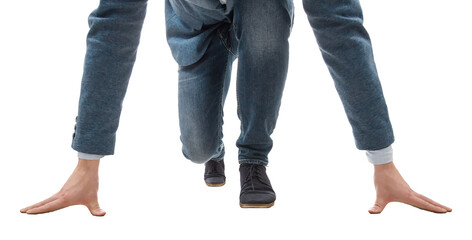 Determined young businessman kneeling at a start line isolated on transparent background. Business...