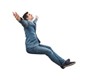 Excited young businessman seated with arms wide opened, looking up imagining himself in other place. Male isolated on transparent background dreaming of vacation