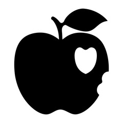 Stylized Apple with a Heart Shape and a Bite Mark, Black Silhouette