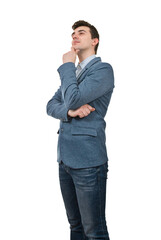 Portrait of a young businessman with a thoughtful look isolated on transparent background. Having business project ideas. Hard thinking calculation and planning concept
