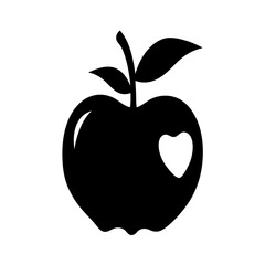 Black silhouette illustration of an apple with a heart shaped bite