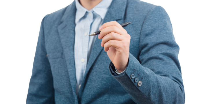 Business man holding a pen drawing isolated on transparent background. Architect planning, success concept