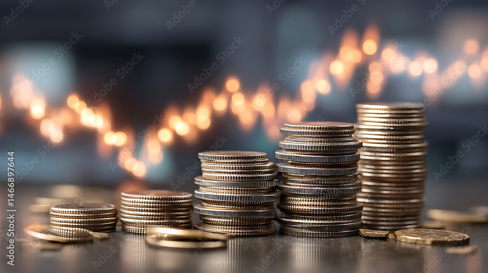 Poster close, up of stacked coins against a backdrop of glowing financial graphs, perfect for topics on inv
