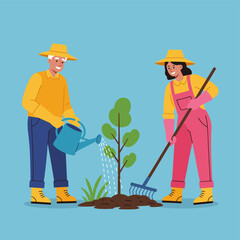 Couple Gardening, Man Watering and Woman Raking Soil by Tree