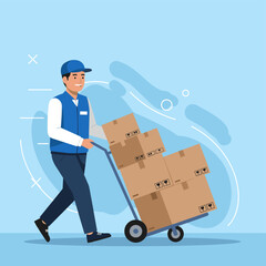 Delivery Man Pushing Trolley with Cardboard Boxes, Logistics