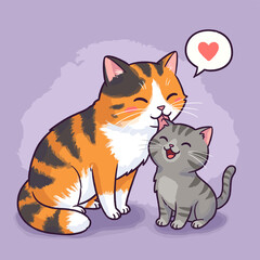 Calico cat mother grooming kitten with love heart