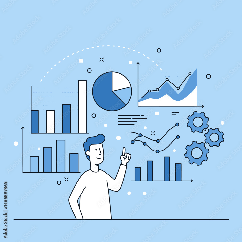Poster man analyzing data charts and graphs, business intelligence concept