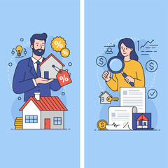 Real Estate Agent and Buyer: A real estate agent presents a house for sale, while a buyer inspects documents with a magnifying glass. This illustration depicts the process of buying a home.