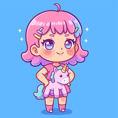 Obraz premium Cute anime girl with pink hair and unicorn theme