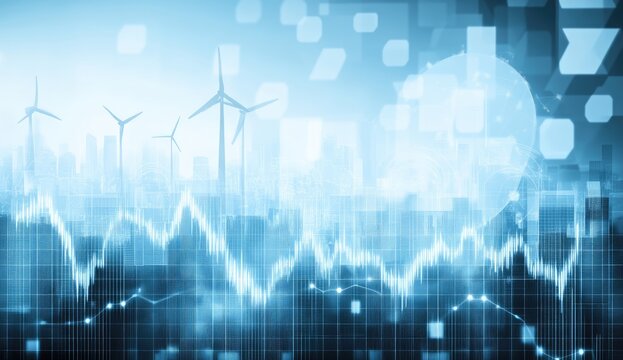 Cityscape with wind turbines and financial data.  Overlayed graphical representations of a cityscape with wind turbines and stock market fluctuations