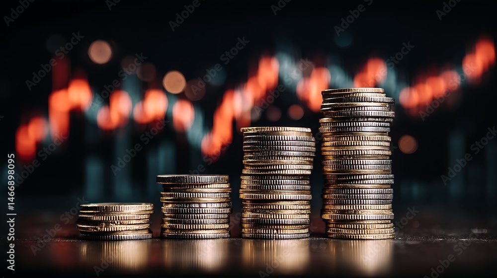 Poster close, up of stacked coins against a backdrop of glowing financial graphs, perfect for topics on inv
