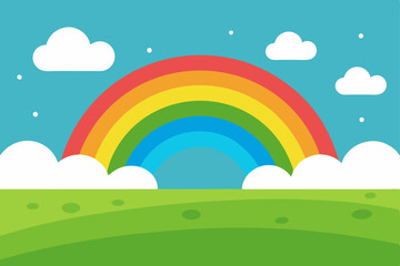 glistening meadow after rain with rainbows arching 