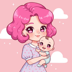 Loving mother with pink hair holding smiling cute baby