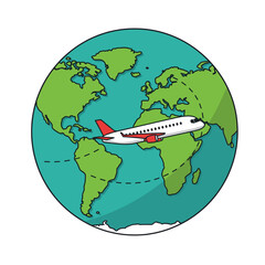 Airplane flying around Earth globe, international travel concept