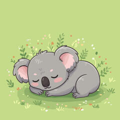 Cute koala sleeping peacefully on green grass with small flowers