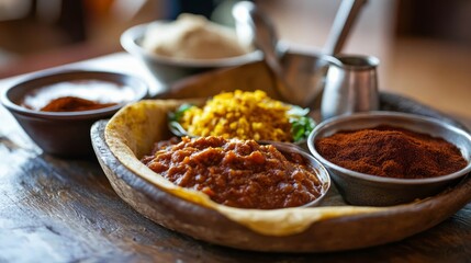 Traditional Ethiopian Dish with Sourdough Flatbread and Coffee..