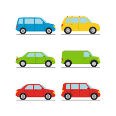 Collection of Vehicles: A colorful collection of diverse cars, each of them in a variety of bright colors. The vehicles represent diverse forms of personal and commercial transportation. 