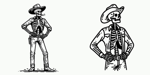 Skeleton as Cowboy Standing with hands on hips. Western Outline Clipart ink line art doodle vector illustration. Bony gunslinger figure posing arms akimbo theme cadaver trope.