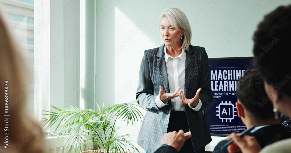 Poster Woman, presentation and screen for meeting with workshop, speech and employee engagement. Data analyst, seminar and explain with speaker, AI training and briefing for advice for machine learning
