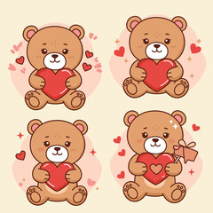 Set of four cute teddy bears holding red hearts, Valentine's concept