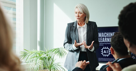 Woman, presentation and screen for meeting with workshop, speech and employee engagement. Data...