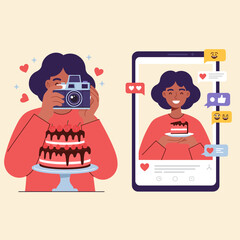 Woman food blogger photographs cake for social media post