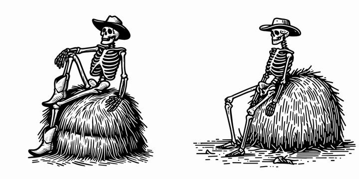 Skeleton as Cowboy Sitting on a haystack. Western Outline Clipart ink line art doodle vector illustration. Bony rancher repose in attire atop forage bundle.
