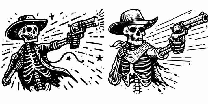 Skeleton as Cowboy Shooting into air. Western Outline Clipart ink line art doodle vector illustration. Bony gunslinger lifting firearm skyward undead figure discharging weapon.