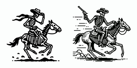 Skeleton as Cowboy Riding into town. Western Outline Clipart ink line art doodle vector illustration. Bony gunslinger astride steed ventures toward settlement apparition.